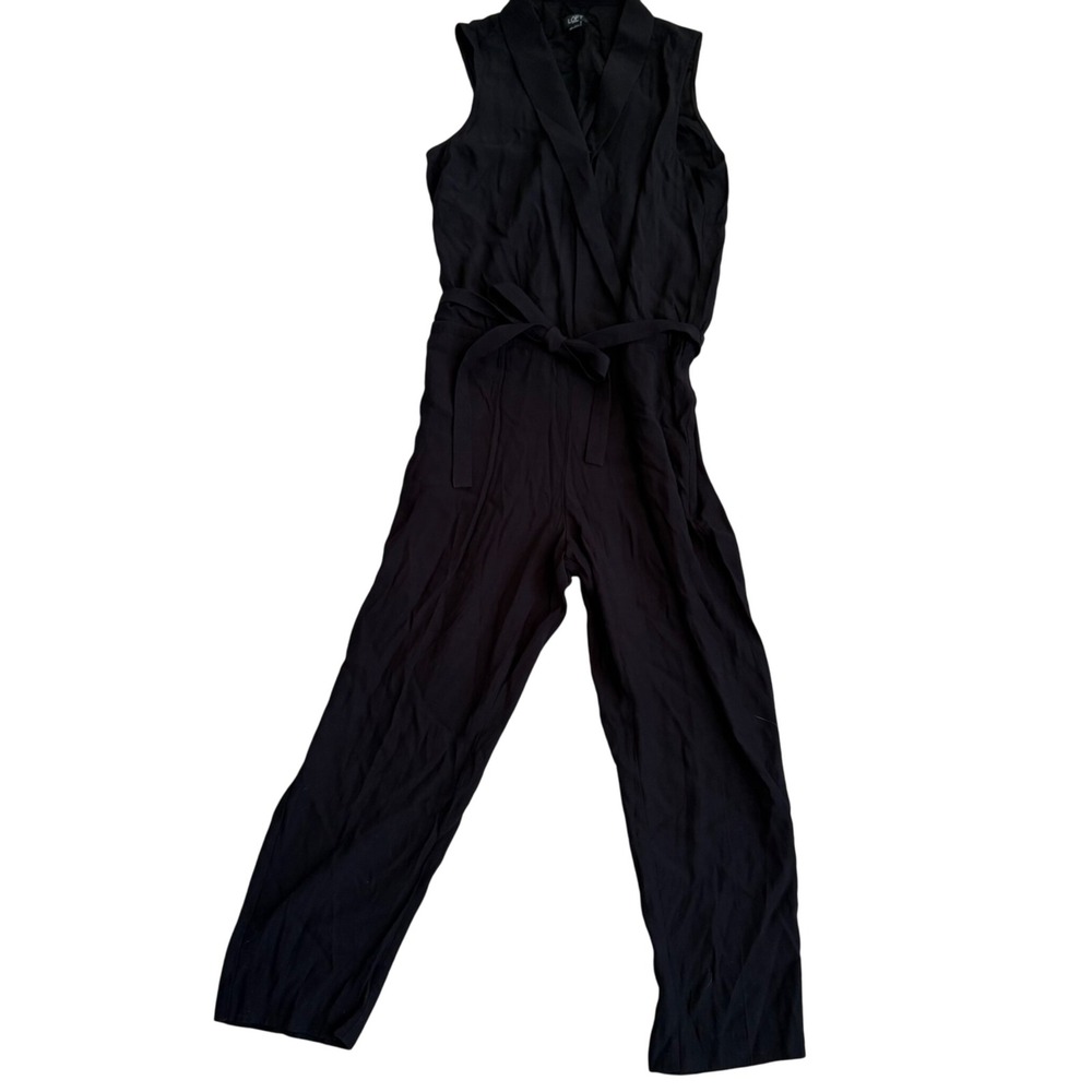 LOFT Petite Black Sleeveless Jumpsuit Belted Collared Career Casual 14P